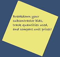 Breakdown your subcontractor bids, track quantities, used and compare unit prices!